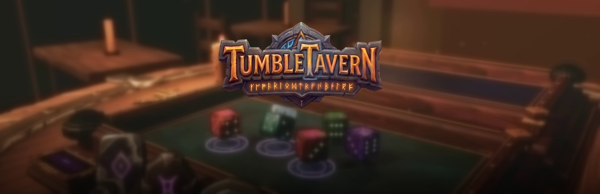 Tumble Tavern logo above enchanted dice on a tavern table