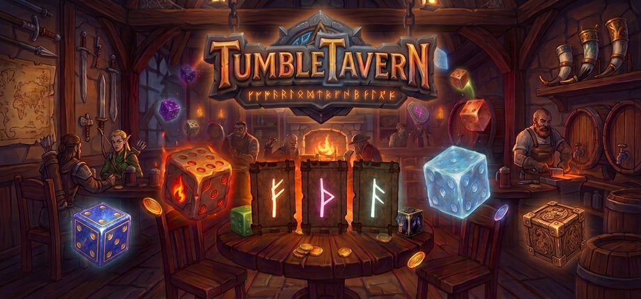 Tumble Tavern fantasy tavern scene with rune cards and magical dice