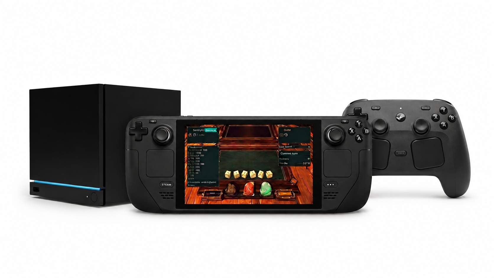 Illustrative gaming hardware concept with a handheld screen showing a fantasy dice game