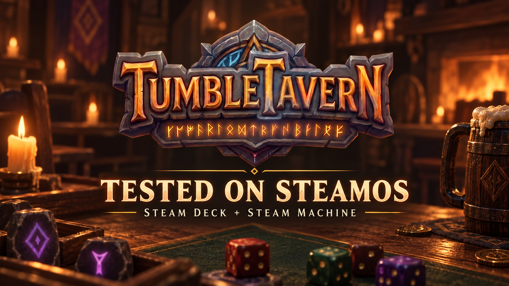 Tumble Tavern logo above glowing runes and dice on a tavern table, with the words Tested on SteamOS