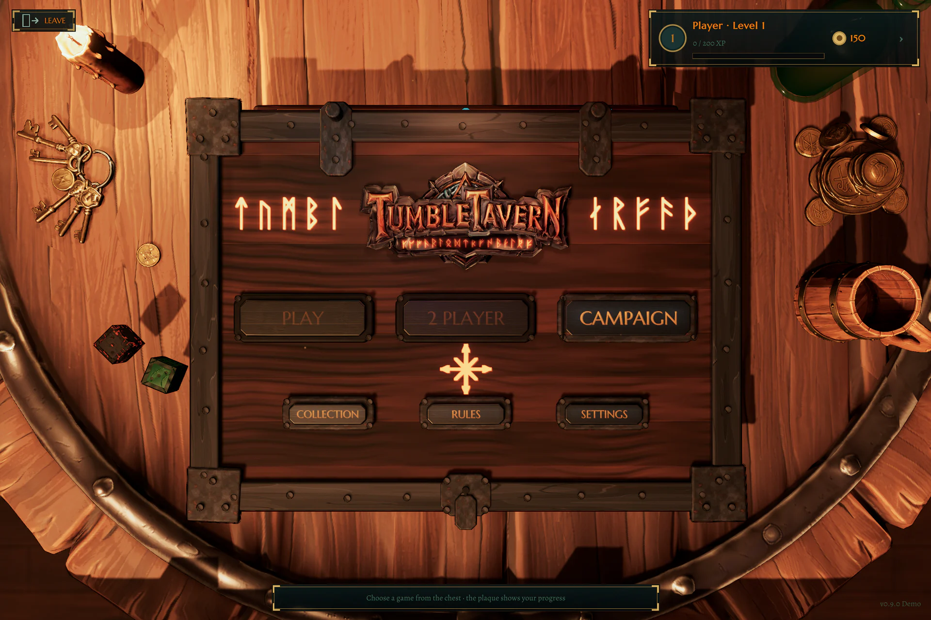 Development build showing Tumble Tavern’s wooden game case and mode selection