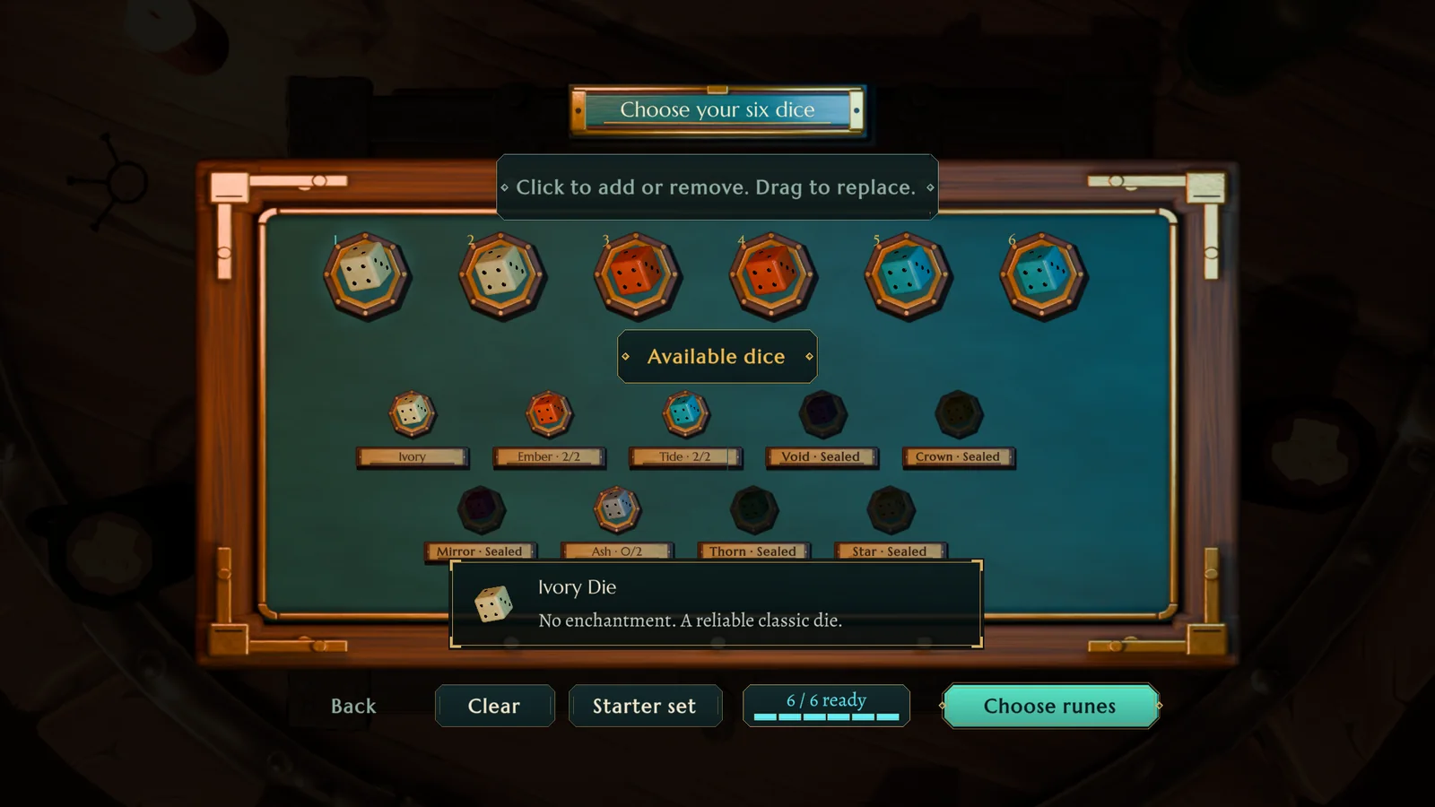 Tumble Tavern work-in-progress development build showing the six-die loadout interface