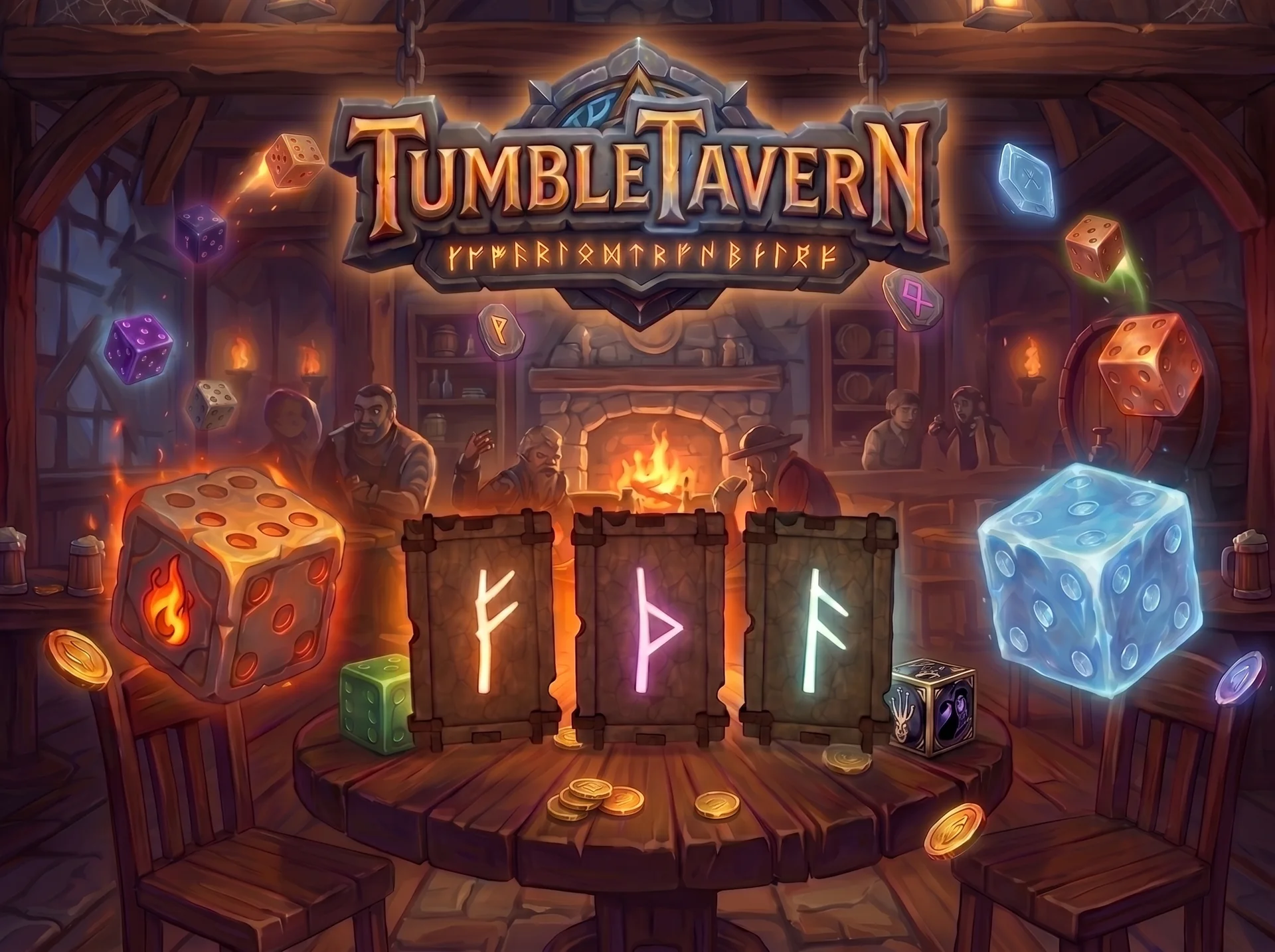 Pre-release Tumble Tavern artwork with an enchanted tavern table, dice and runestones