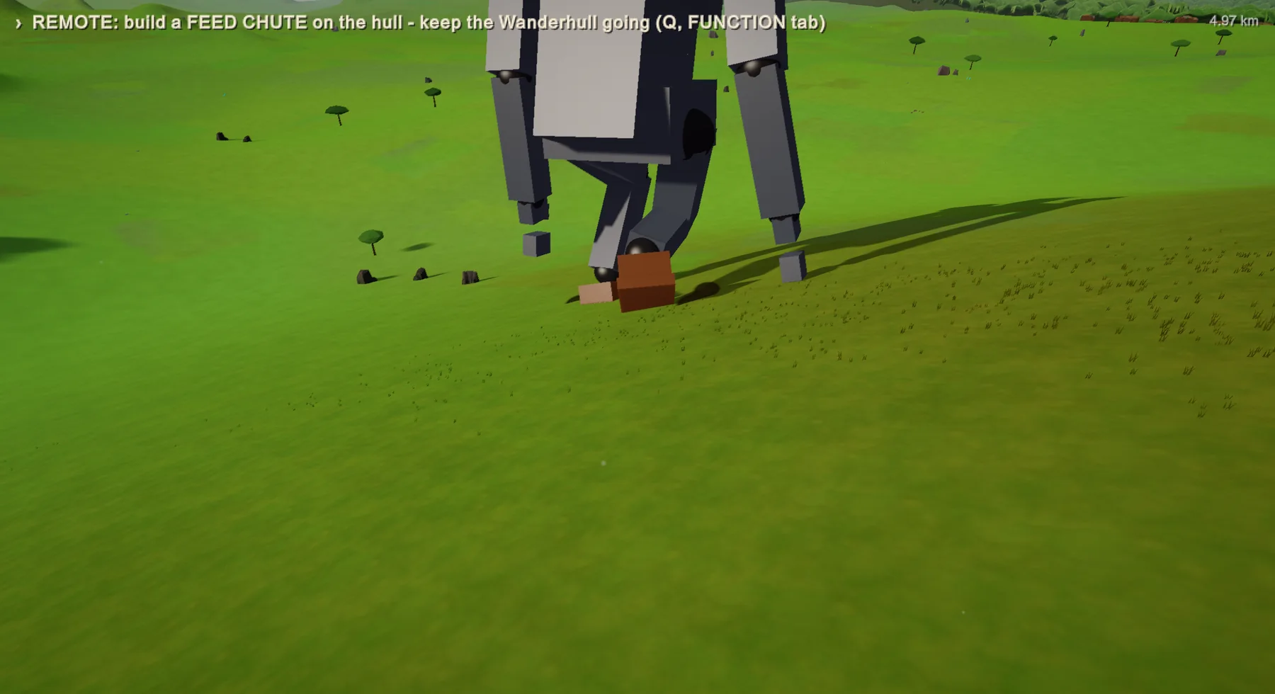 Pre-alpha Wanderhull prototype showing a close encounter with the walking machine