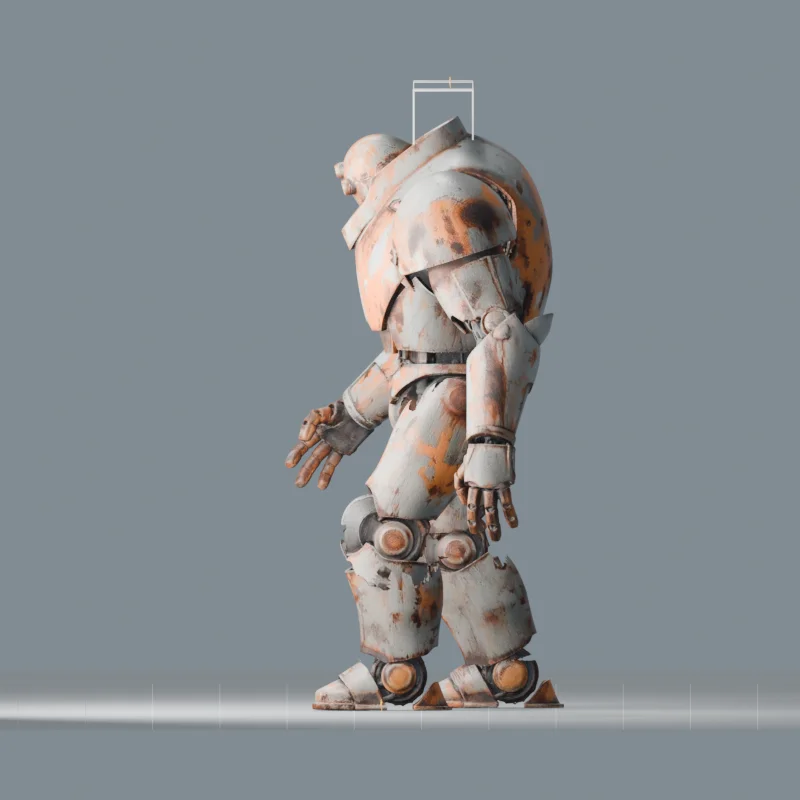 Side view of the mech showing its bent knee, arm and weathered armour