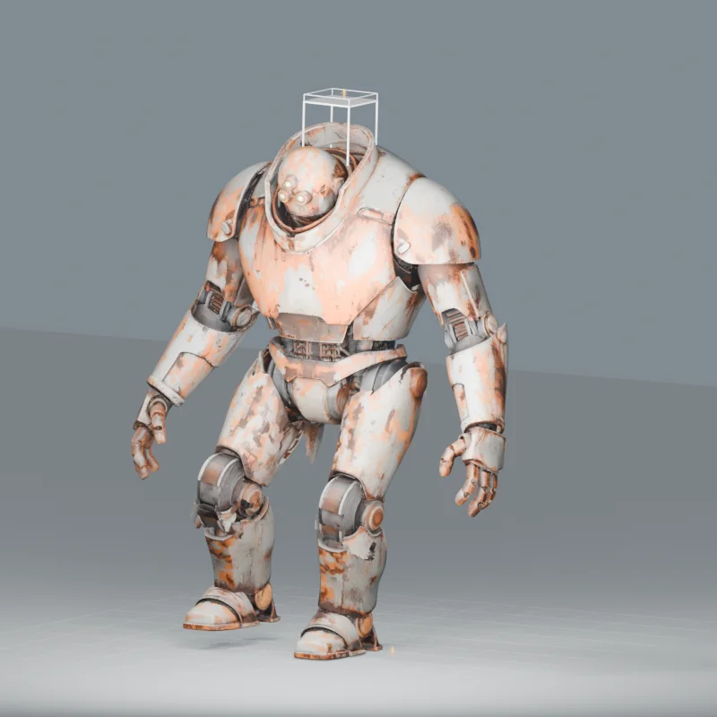 Front corner view of the mech during the opposite step of its walking cycle